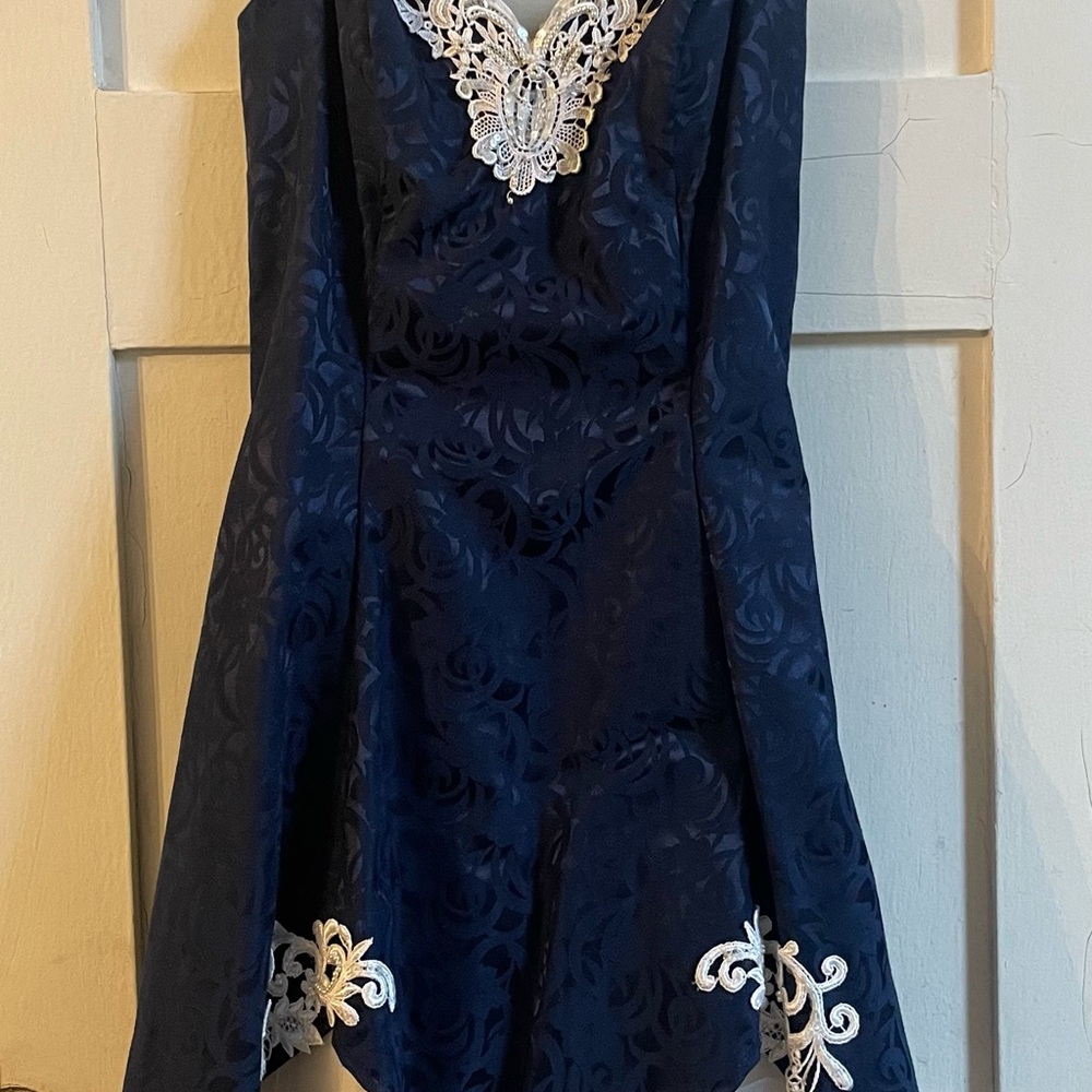 Early 90s strapless navy blue prom dress